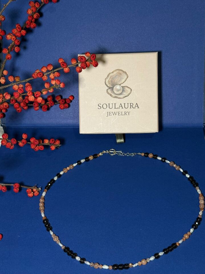 Eos Osis – Dumanlı Kuvars, Güneş Taşı & İnci Kolye