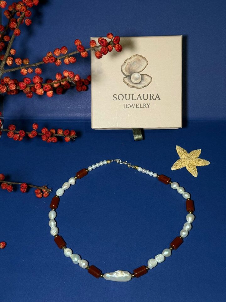 Hera – İnci & Kırmızı Akik Kolye