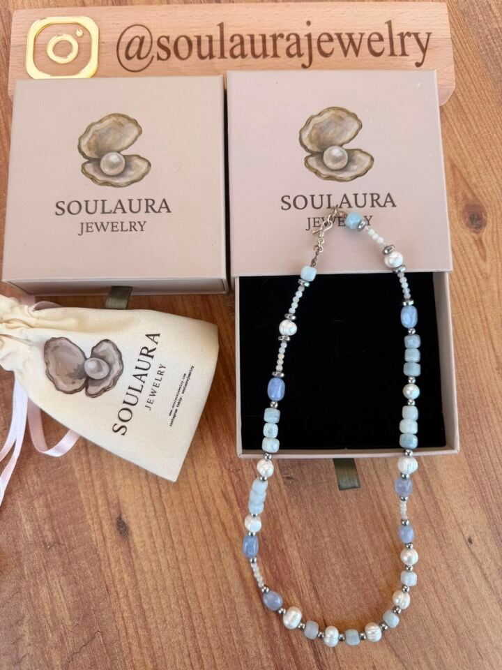 Celestia Pearl Kolye  -  Aquamarin, Ay Taşı, Doğal İnci ve Hematit
