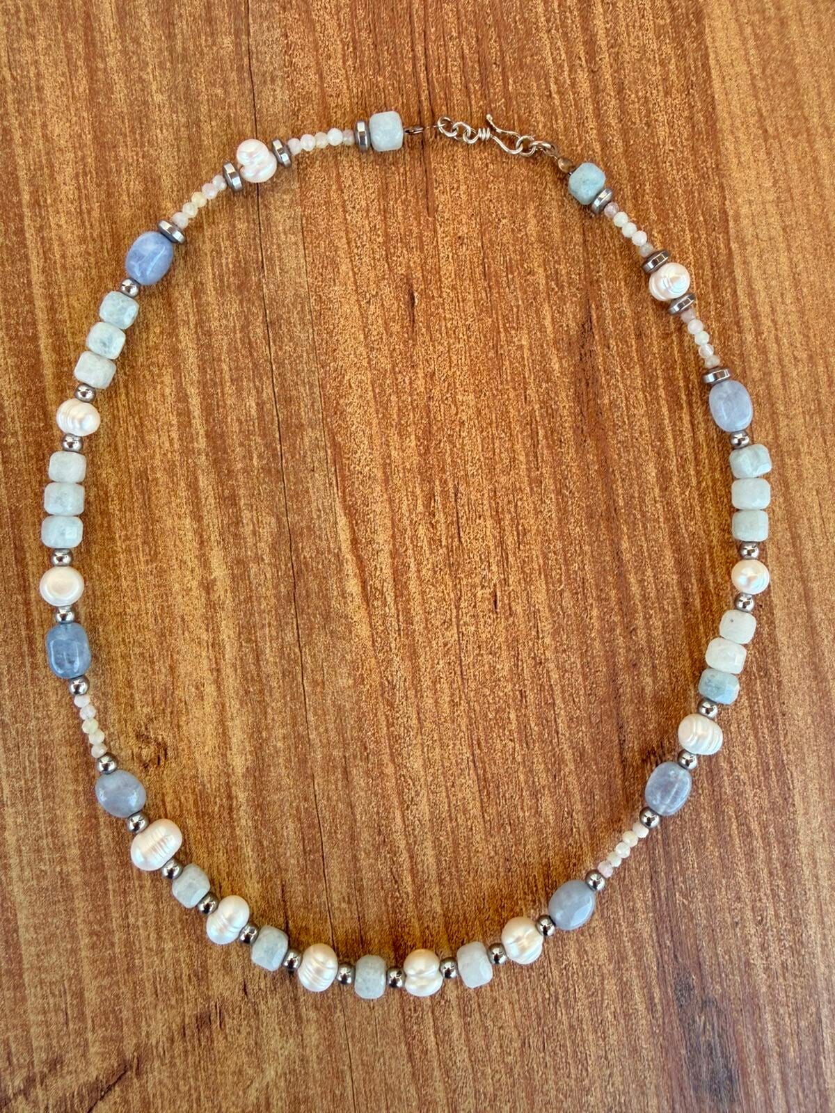 Celestia Pearl Kolye  -  Aquamarin, Ay Taşı, Doğal İnci ve Hematit