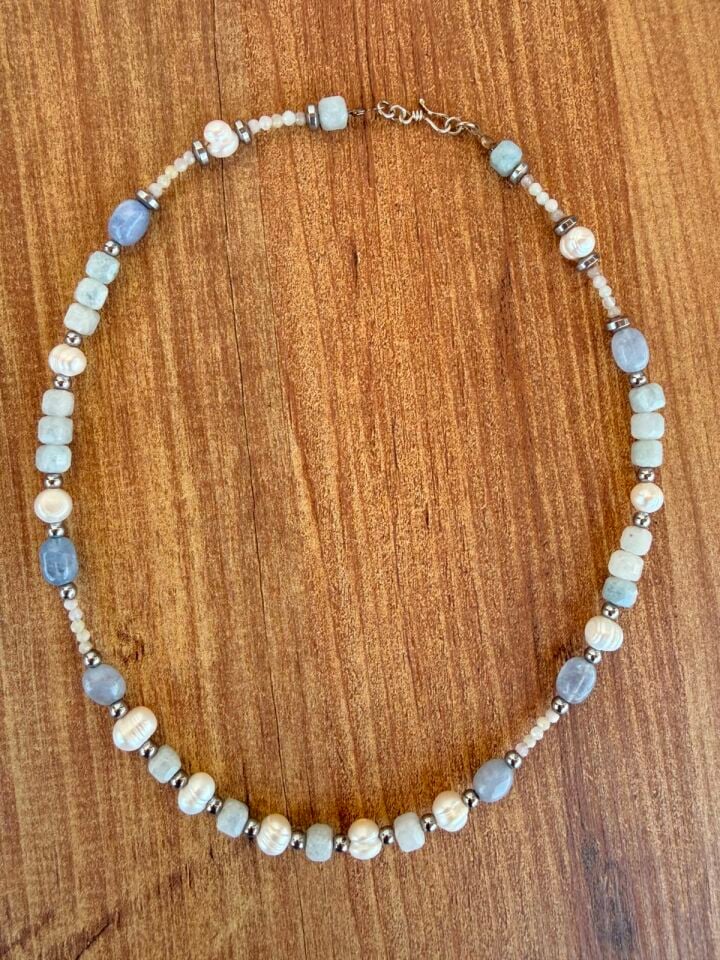Celestia Pearl Kolye  -  Aquamarin, Ay Taşı, Doğal İnci ve Hematit