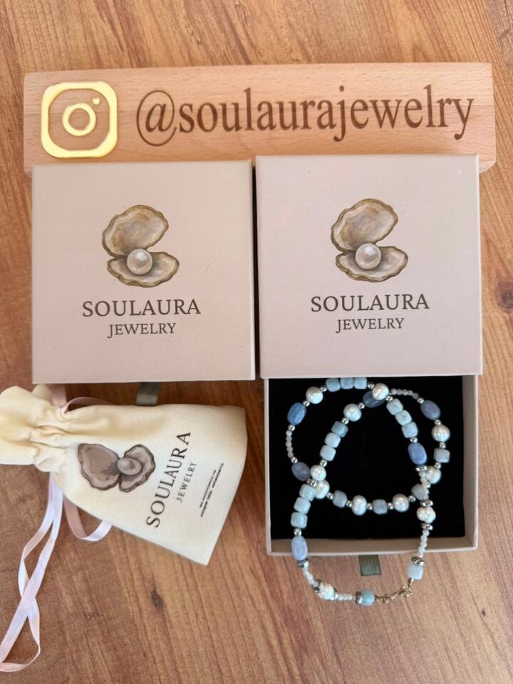 Celestia Pearl Kolye  -  Aquamarin, Ay Taşı, Doğal İnci ve Hematit