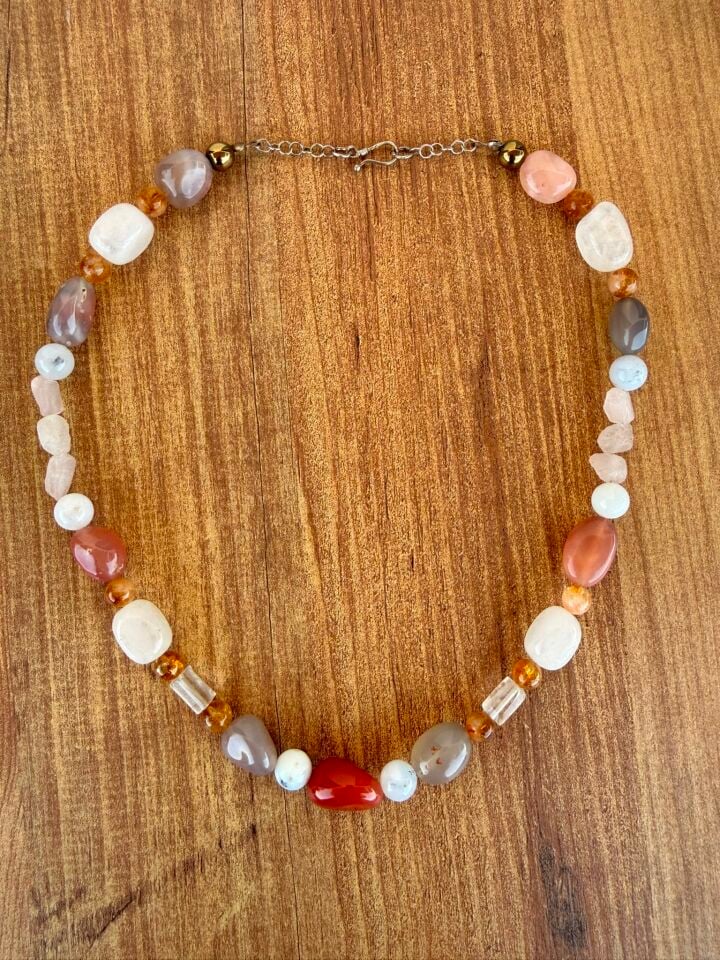 Golden Nomad Kolye - Orange Akik, Ay Taşı, Rutil Kuvars, Kristal Kuvars, Pembe Kuvars, Sitrin ve Hematit