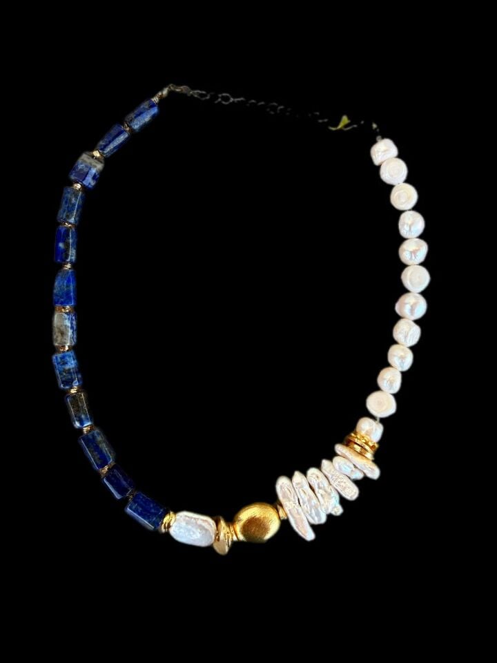Azure Pearl by Mykonos - Doğal İnci Midye ve Lapis Lazuli Kolye