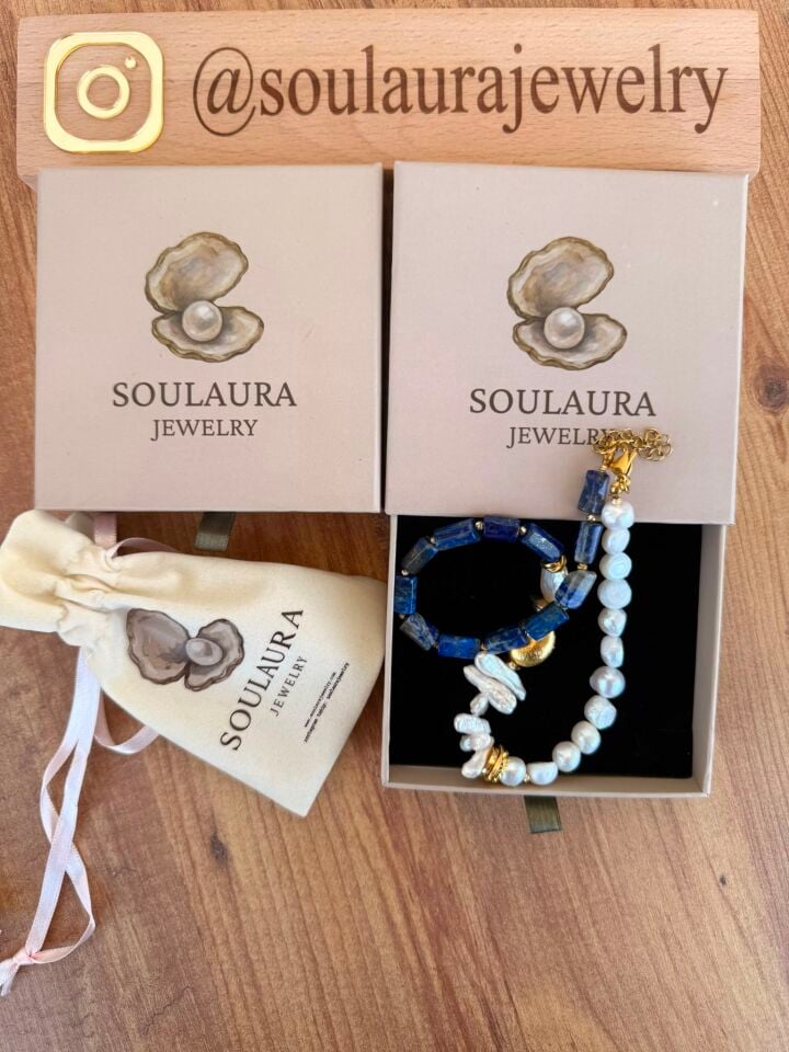 Azure Pearl by Mykonos - Doğal İnci Midye ve Lapis Lazuli Kolye